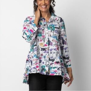 Habitat Multicolor Cotton Blend Artistic Drawing Long Sleeve Oversized XS Blouse